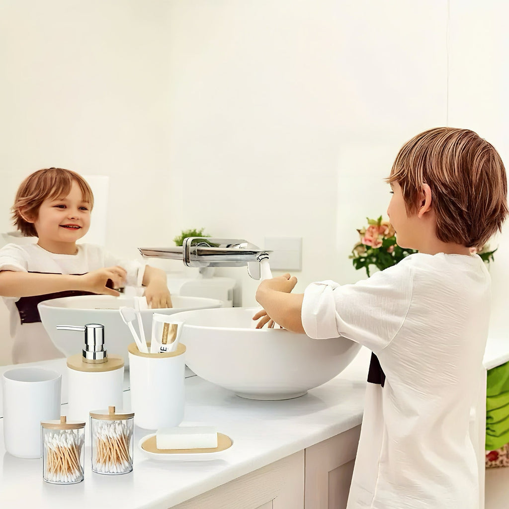 Modern Zen Bathroom Accessory Set with Bamboo Accents