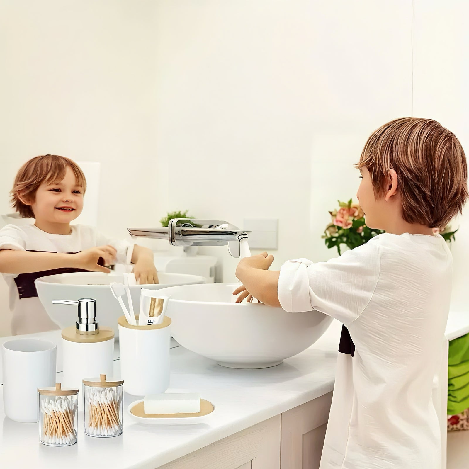 Modern Zen Bathroom Accessory Set with Bamboo Accents