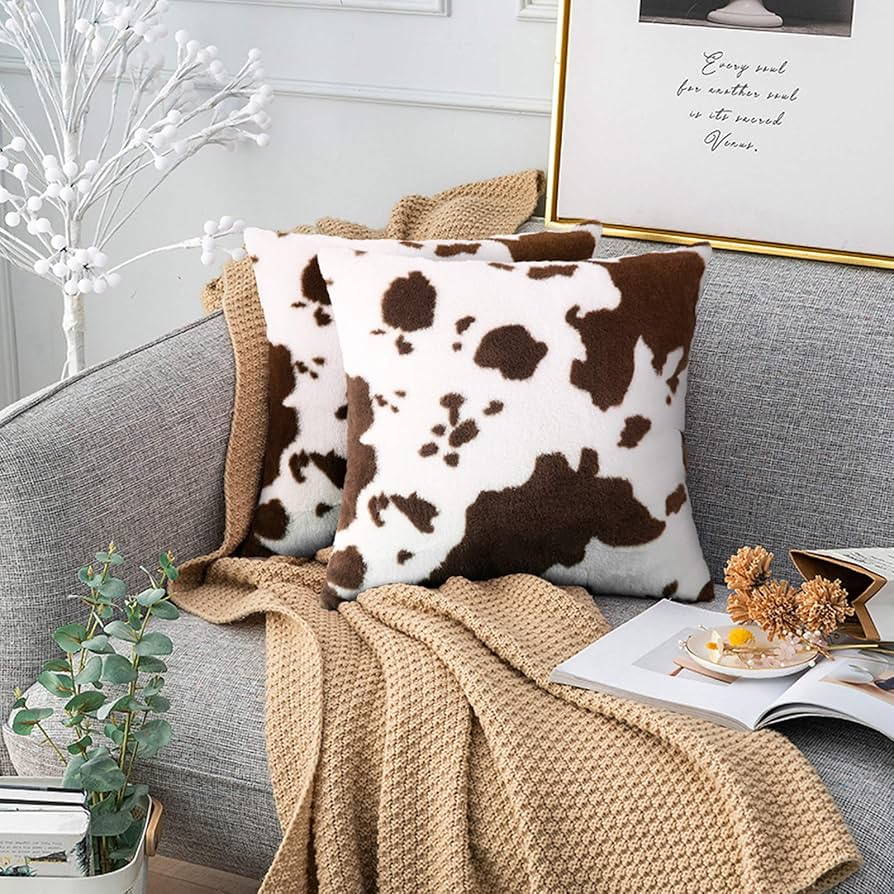 Farmhouse Chic Faux-Cowhide Throw Pillow. (2-Pack)