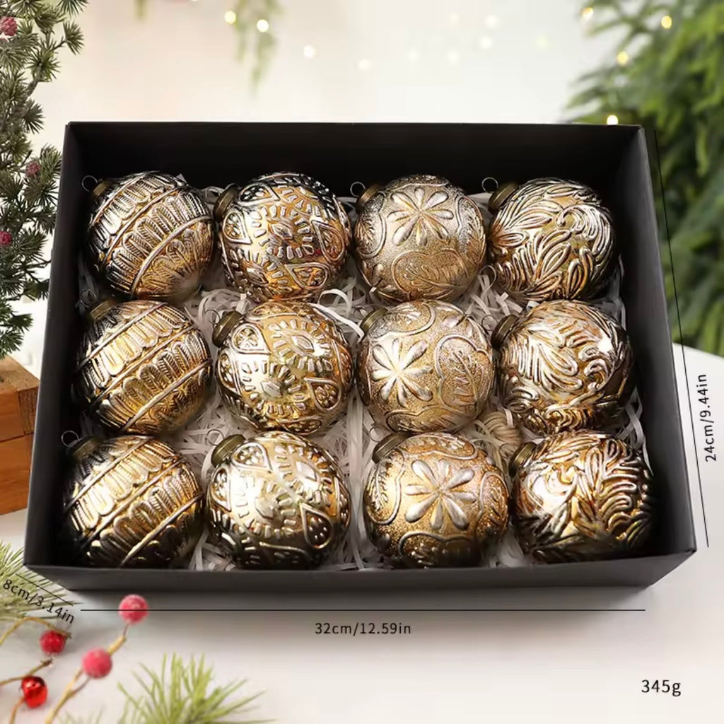 12-Pack: Elegant White & Gold Embossed Designer Christmas Baubles