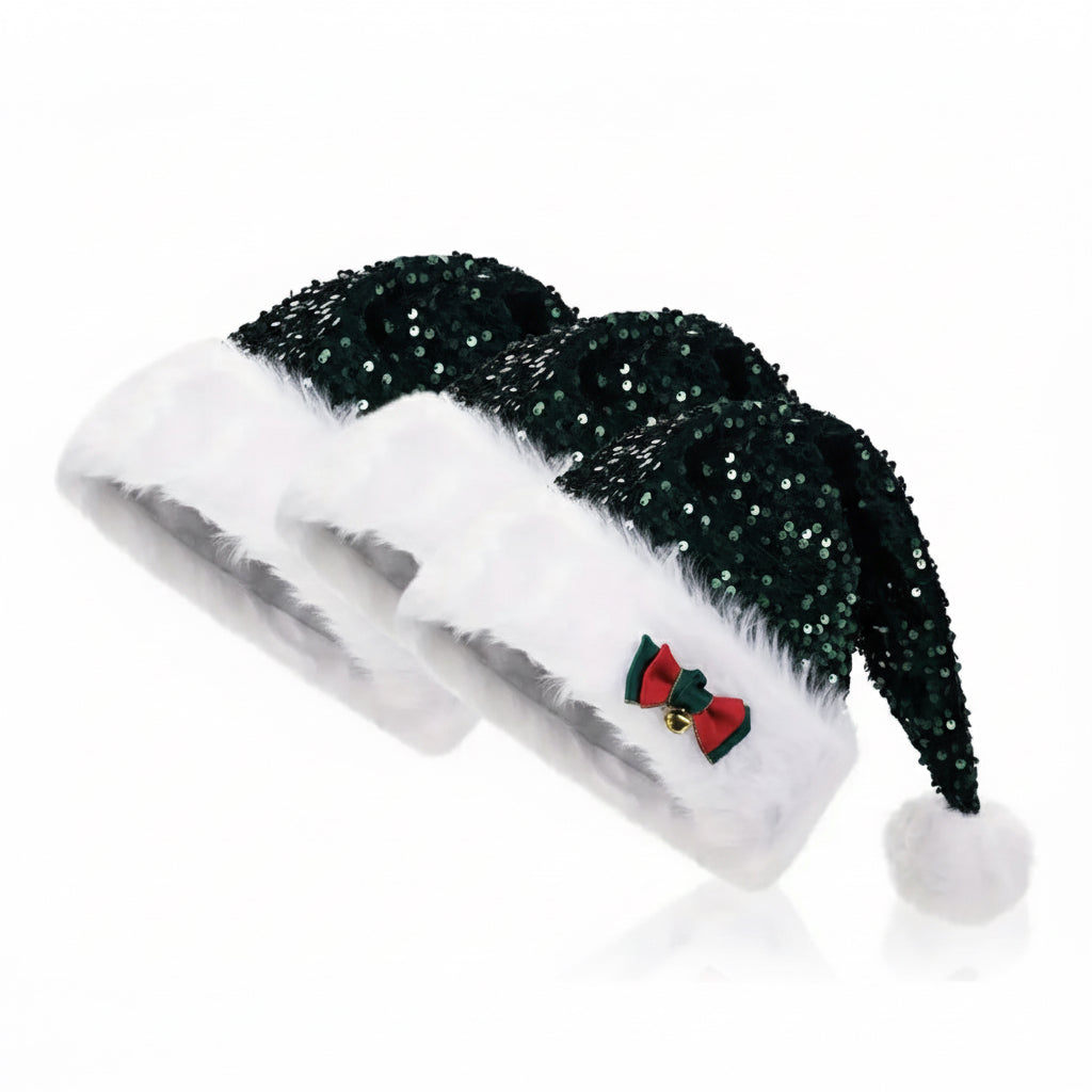 Red Paillette Bowknot & Jingle Deluxe Sequin Santa Hat Set