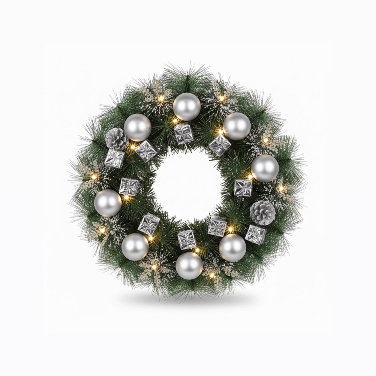 Pre-Lit Christmas Wreath with Metallic Ornaments & Gifts
