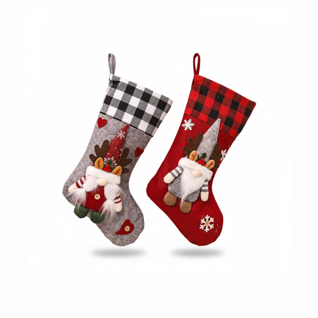 Cozy Plaid Reindeer Gnome Christmas Stocking Candy Bag