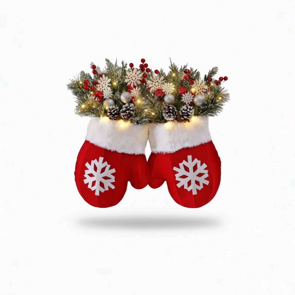Lit Red Mitten & Frosted Evergreen Holiday Swag with Snowflakes & Lights