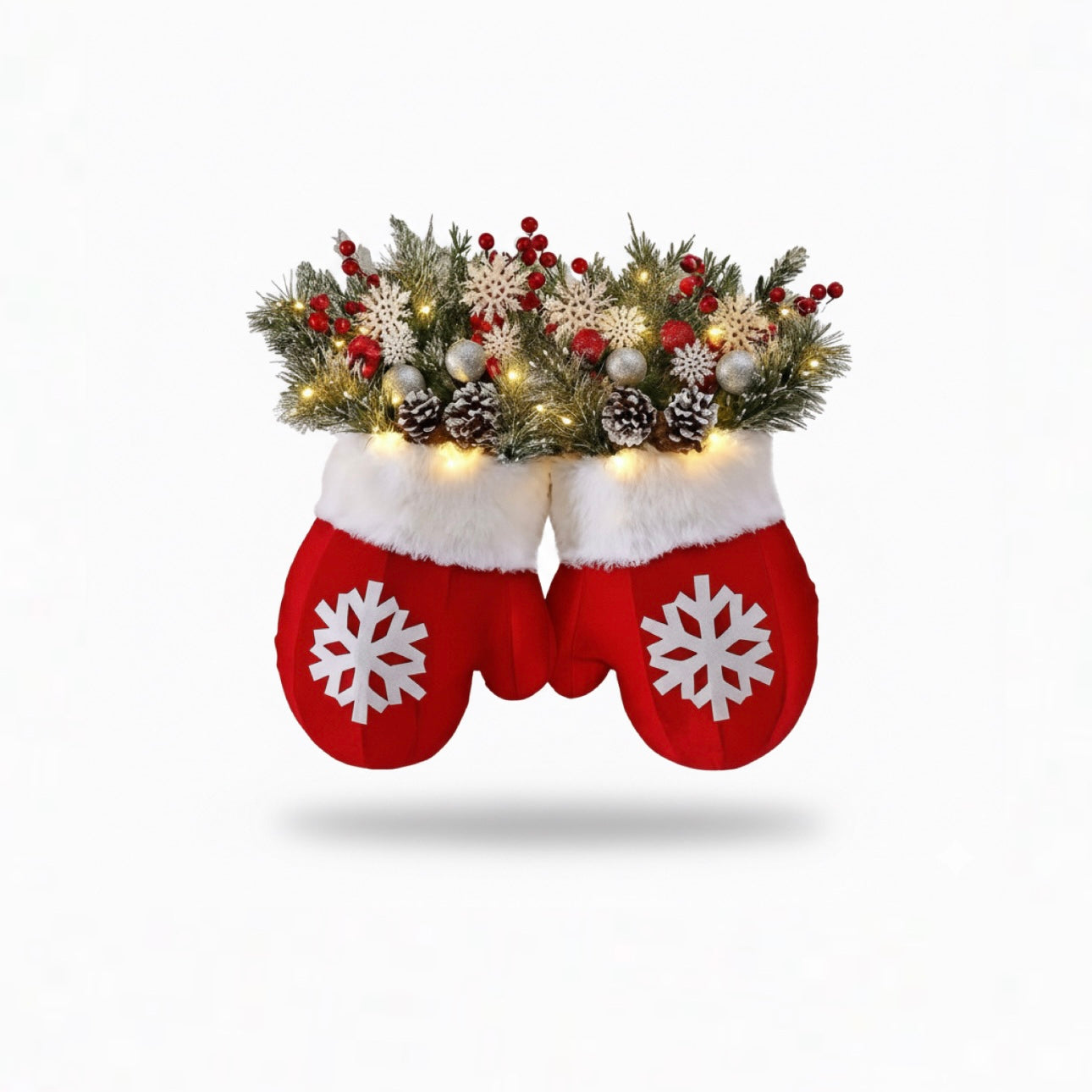 Lit Red Mitten & Frosted Evergreen Holiday Swag with Snowflakes & Lights