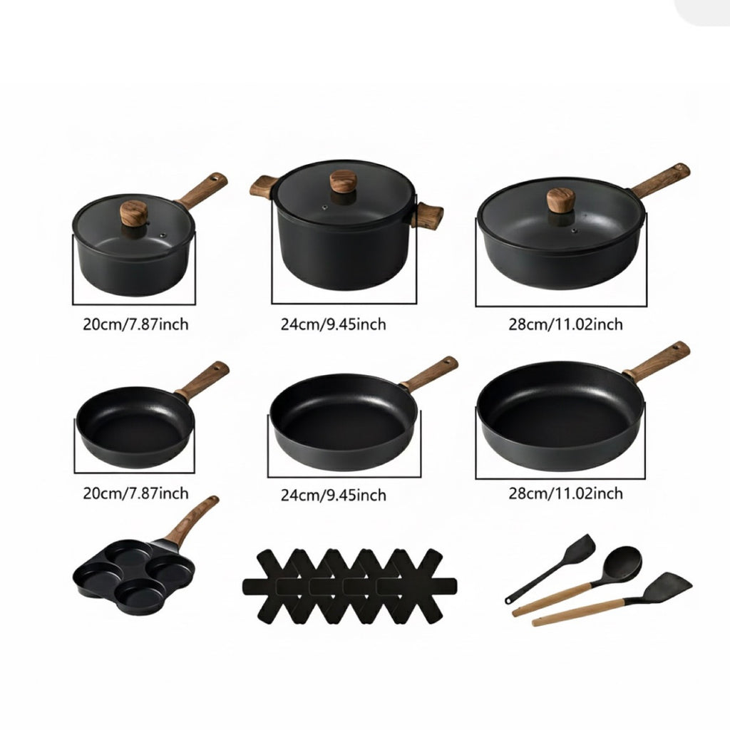 ZenithGuard 12-Piece Non-Stick Cookware Set with Wood-Look Handles