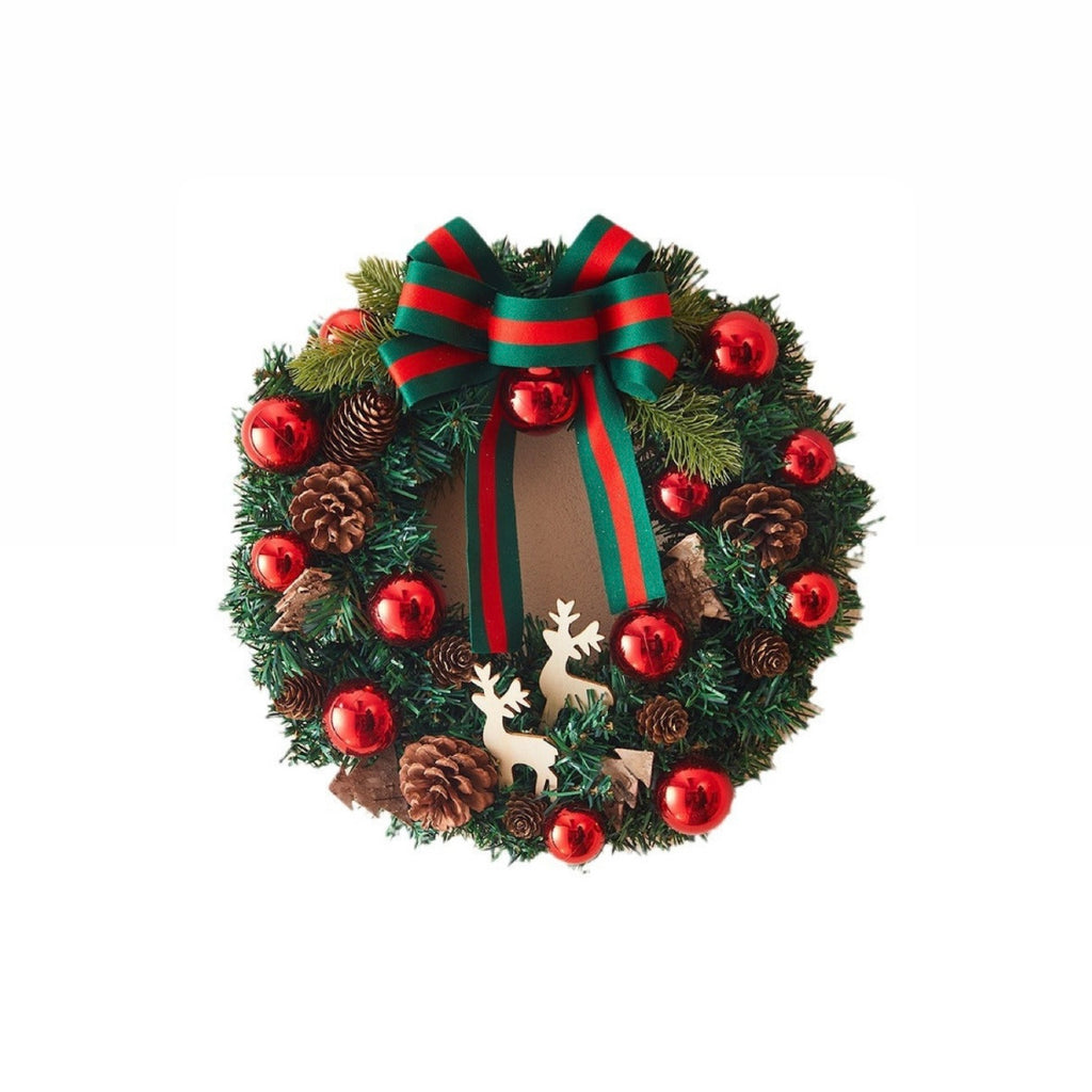 Traditional Red & Green Christmas Wreath with Reindeer and Ornaments (Free Hook)