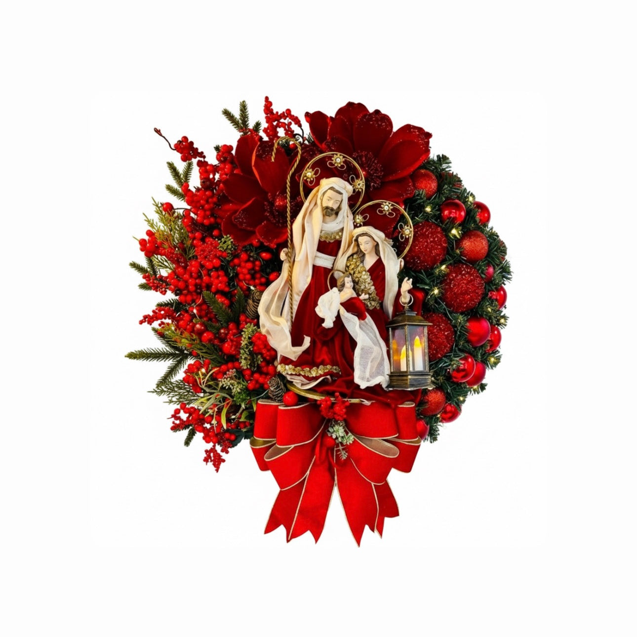 Majestic Holy Family Nativity Christmas Wreath with Lantern & LED Haloes