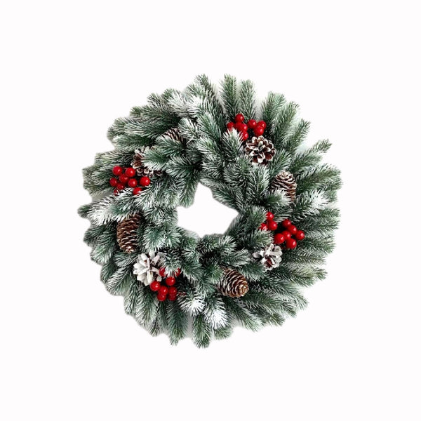 Frosted Evergreen & Red Berry Christmas Wreath with Pinecones & LED Lights