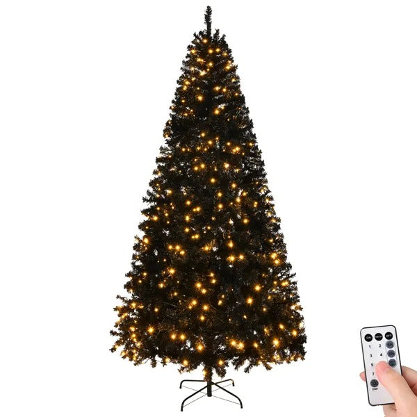 8’ Black Christmas Tree With Warm Lights, Flame Retardant & Easy Assembled Steel Base