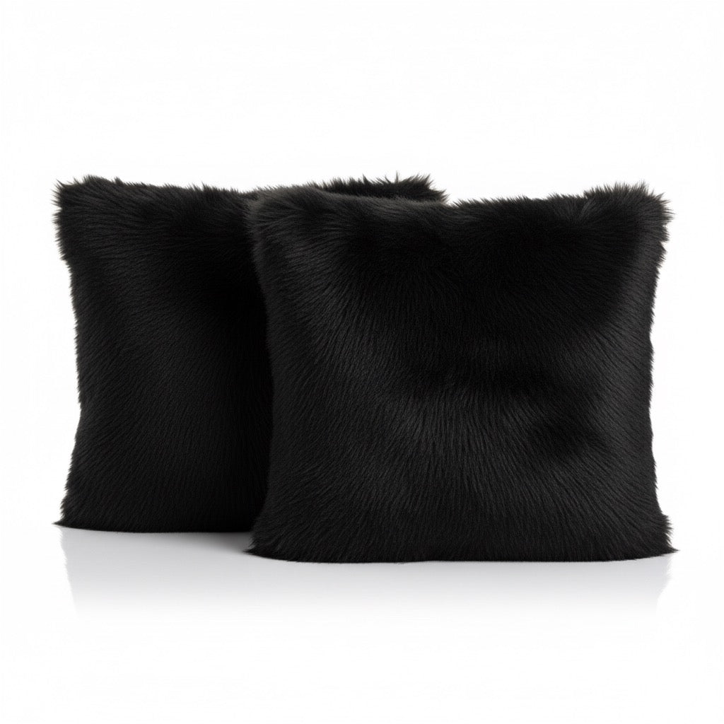 High-Pile Black Shag Faux Fur Throw Pillow. (2-Pack)