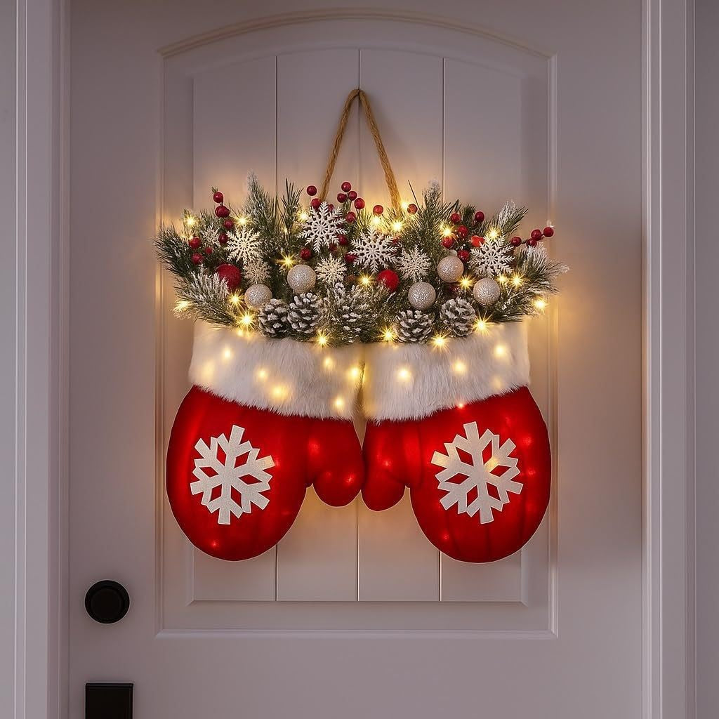 Lit Red Mitten & Frosted Evergreen Holiday Swag with Snowflakes & Lights
