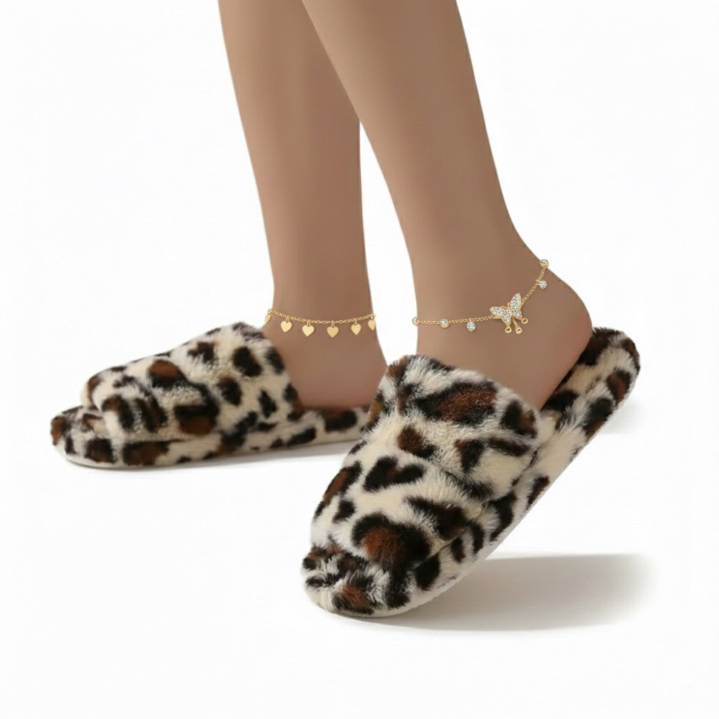 CloudComfort Faux Fur Leopard Print Slide Slippers
