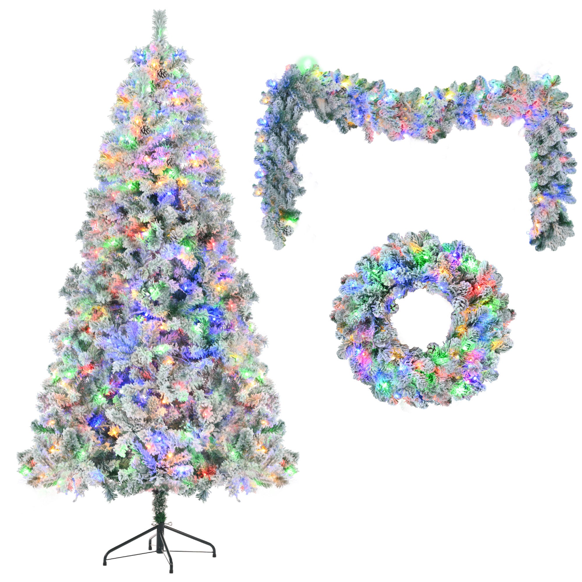 6’ Snow Flocked Christmas Tree With Warm Light, Garland & Wreath, Flame Retardant & Easy Assembled Metal Base