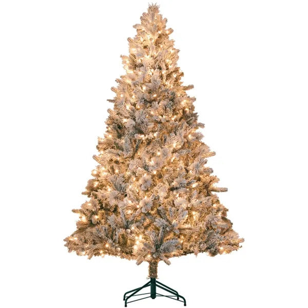 7.5’ Snow Flocked Christmas Tree With Clear Lights, Flame Retardant & Easy Assembled Steel Base