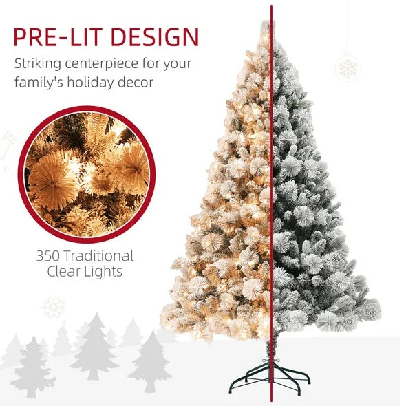 6.5’ Snow Flocked Christmas Tree With Clear Lights, Flame Retardant & Easy Assembled Steel Base
