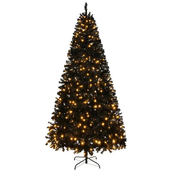 8’ Black Christmas Tree With Warm Lights, Flame Retardant & Easy Assembled Steel Base