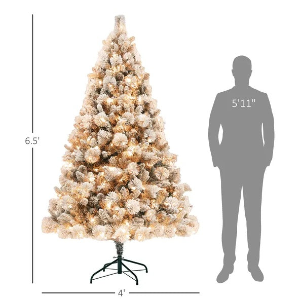 6.5’ Snow Flocked Christmas Tree With Clear Lights, Flame Retardant & Easy Assembled Steel Base