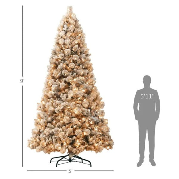 9’ Snow Flocked Christmas Tree With Clear Lights, Flame Retardant & Easy Assembled Steel Base