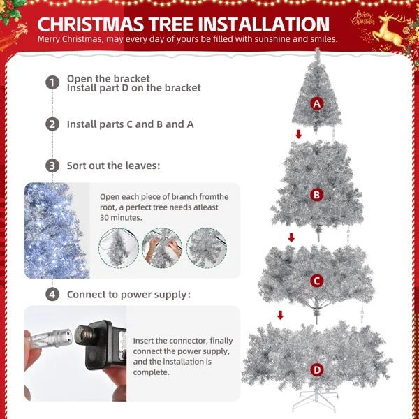 8’ Silver Christmas Tree With Clear Lights, Flame Retardant & Easy Assembled Steel Base