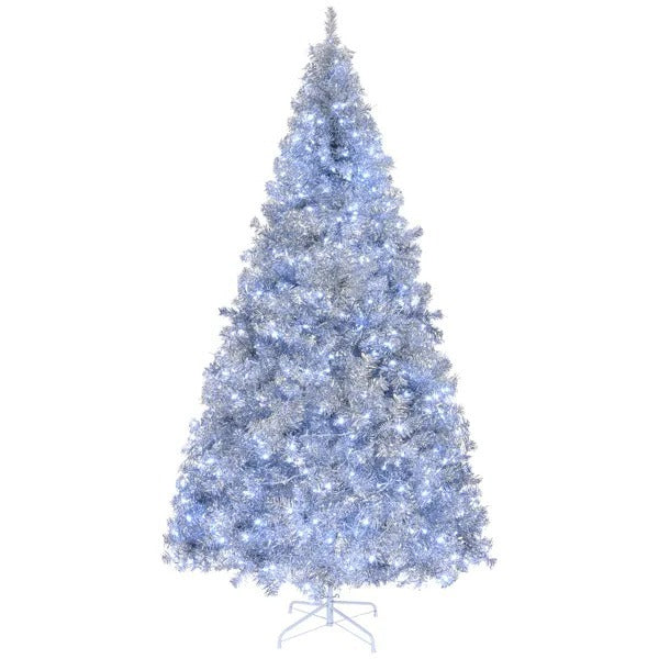 8’ Silver Christmas Tree With Clear Lights, Flame Retardant & Easy Assembled Steel Base