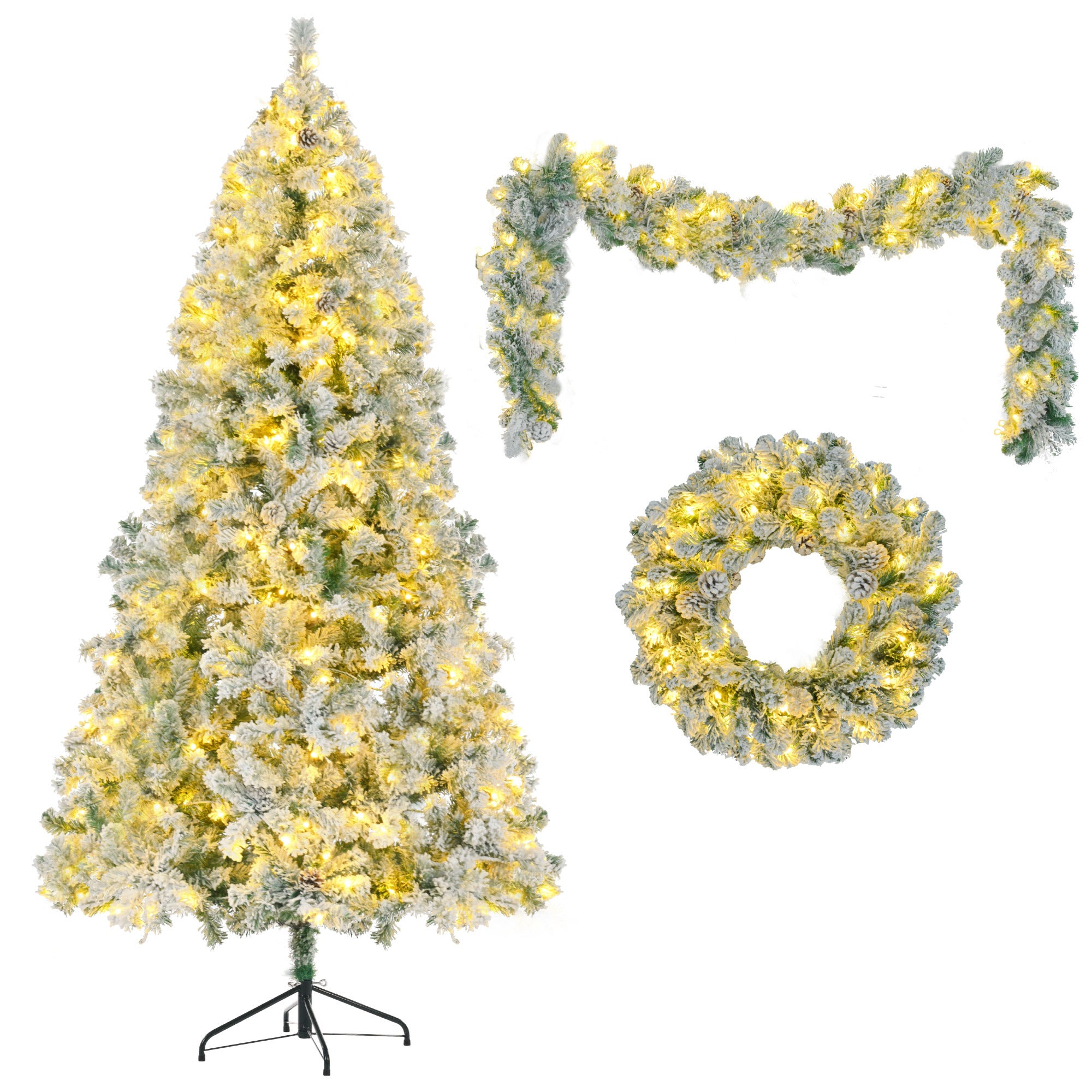 6’ Snow Flocked Christmas Tree With Warm Light, Garland & Wreath, Flame Retardant & Easy Assembled Metal Base