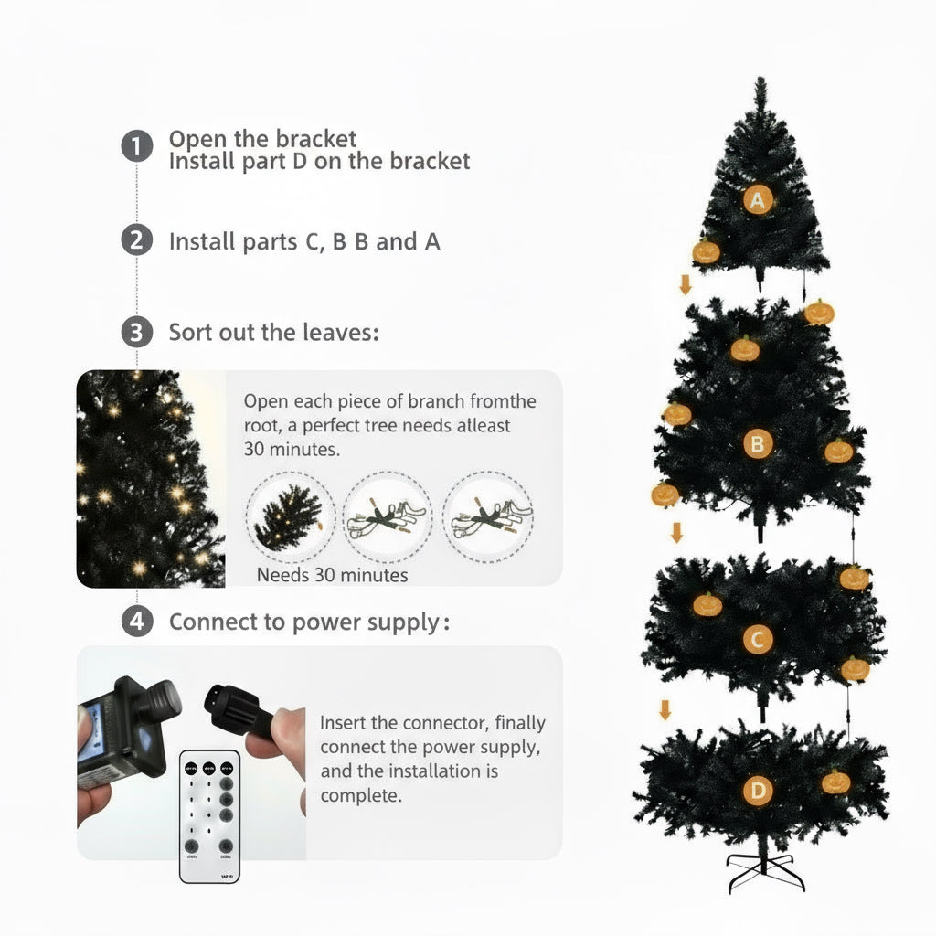 8’ Black Christmas Tree With Warm Lights, Flame Retardant & Easy Assembled Steel Base