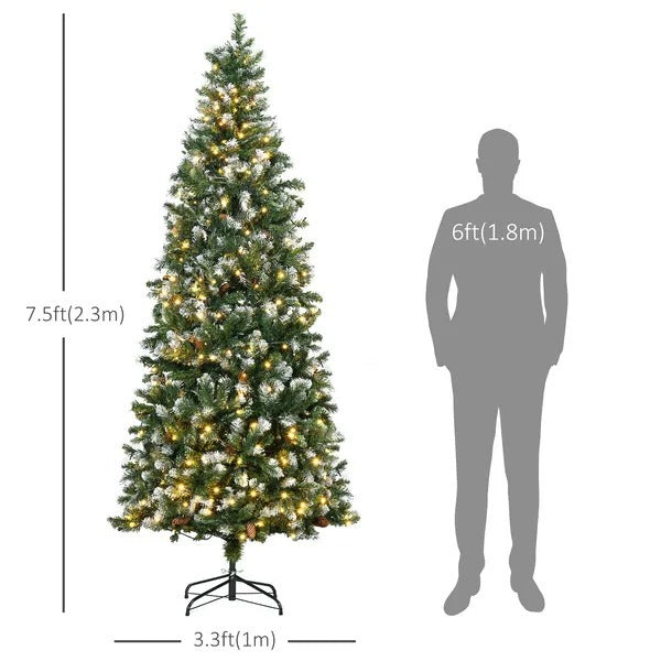 7.5’ Decorated Skinny Prelit Christmas Tree With Snow-dipped Branches, Auto Open & Pinecones