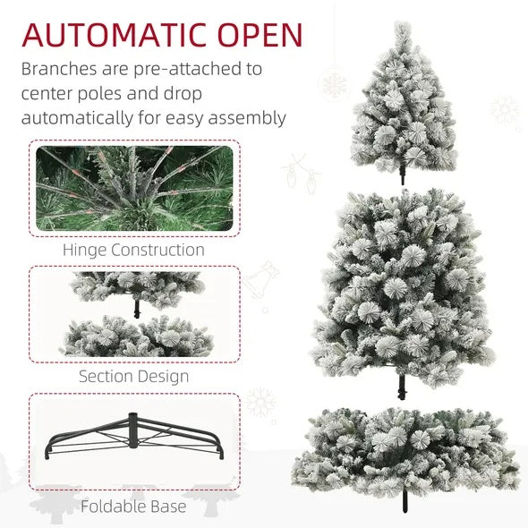 6.5’ Snow Flocked Christmas Tree With Clear Lights, Flame Retardant & Easy Assembled Steel Base